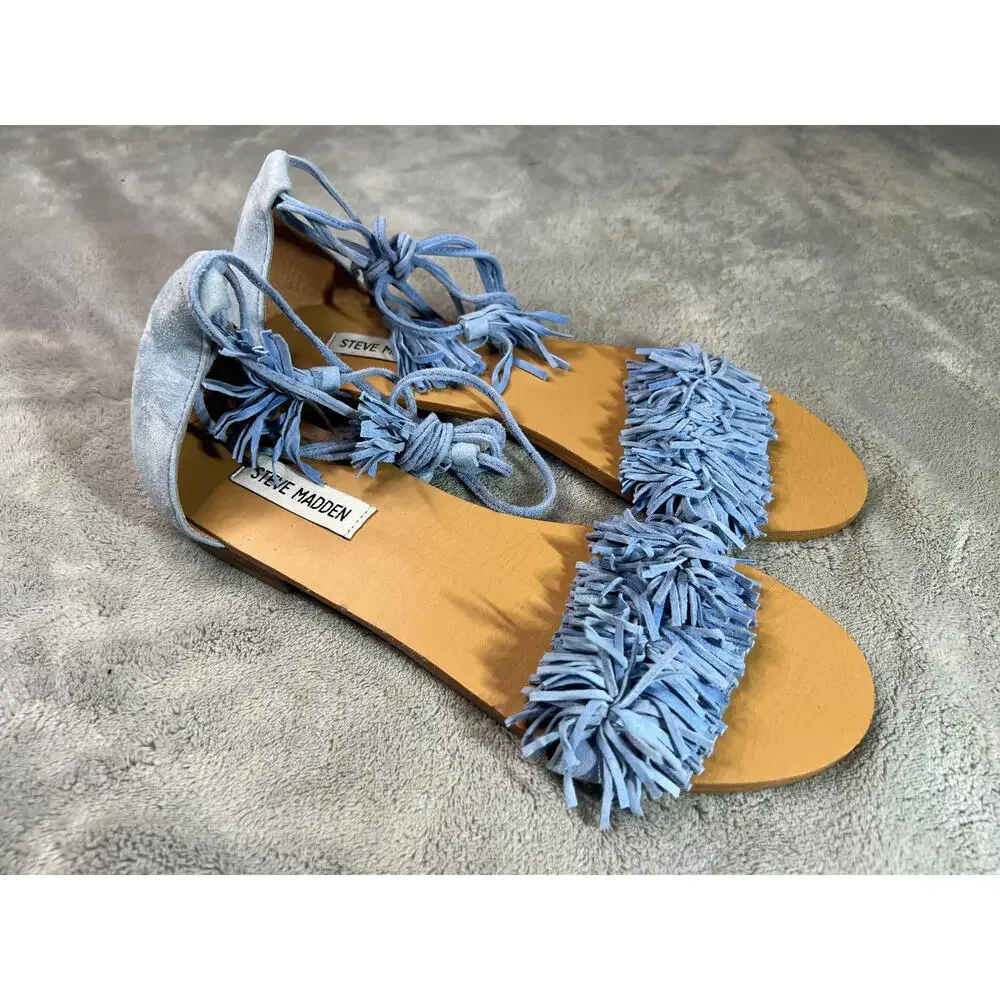 Steve Madden Fringly Blue Suede Fringe Lace-Up Ankle Wrap Sandals 9M